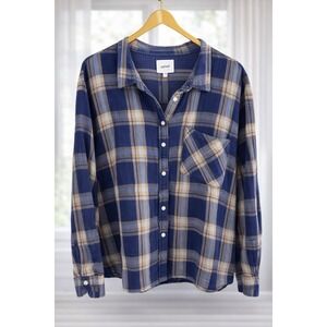 Aerie Women's Plaid Gauze Button Up Shirt Navy Blue Gold Relaxed Boxy Size XXL